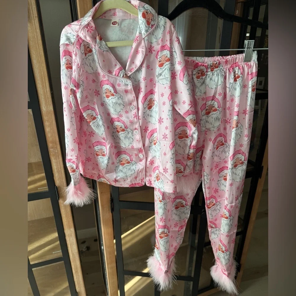 Santa pajamas set feather trim silky satin long sleeve button down christmas top
